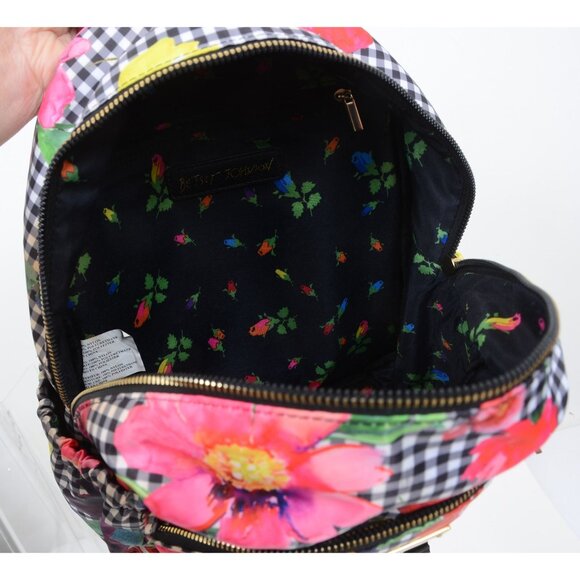 Betsey Johnson Black/White Gingham w/Colorful Florals Multi Pocket Backpack - Picture 4 of 11